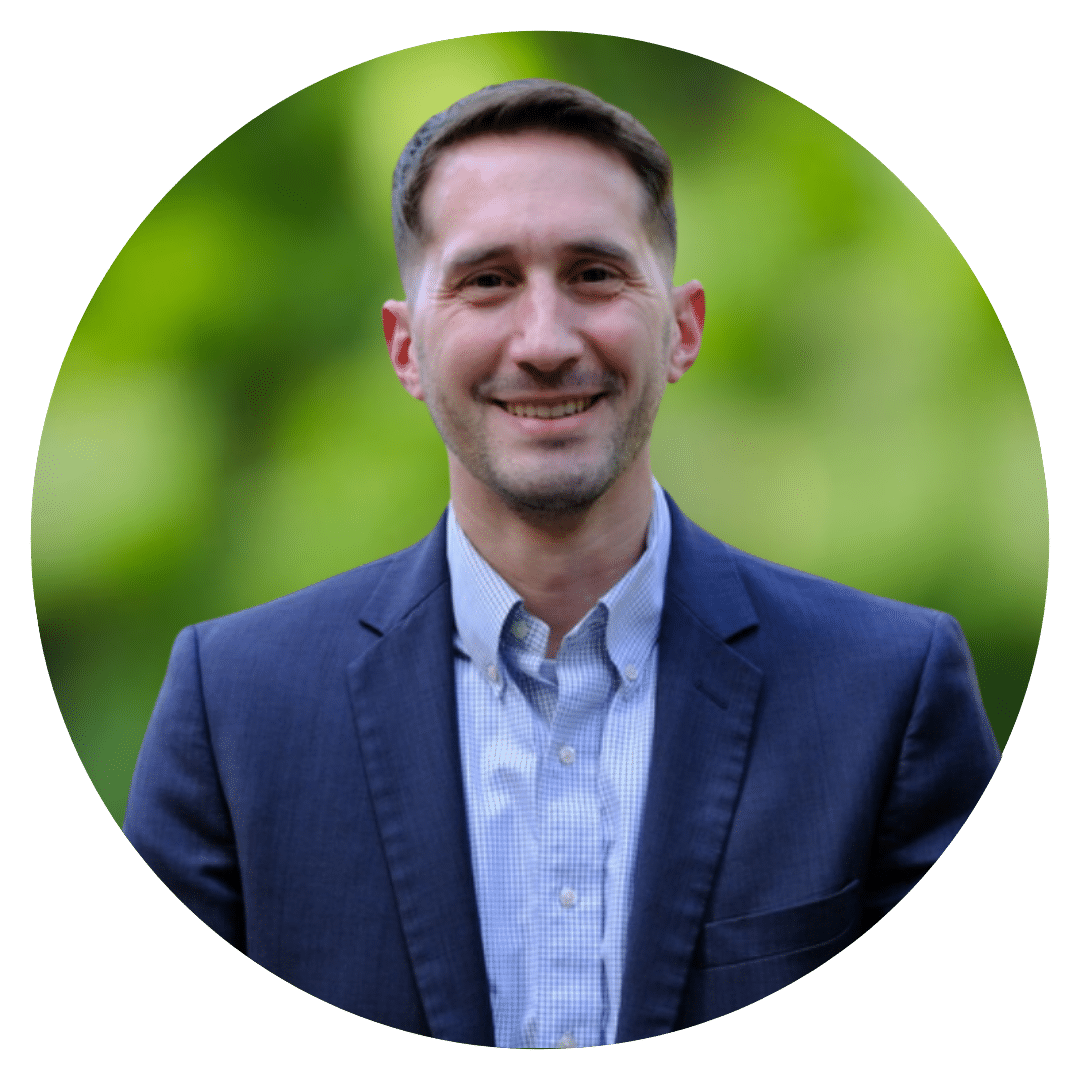 Circle cutout of Anders C.'s professional headshot, with a background of leaves