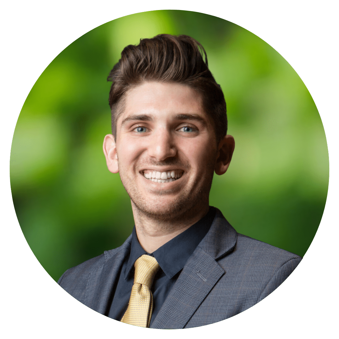 Circle cutout of Sam L.'s professional headshot, with a background of leaves