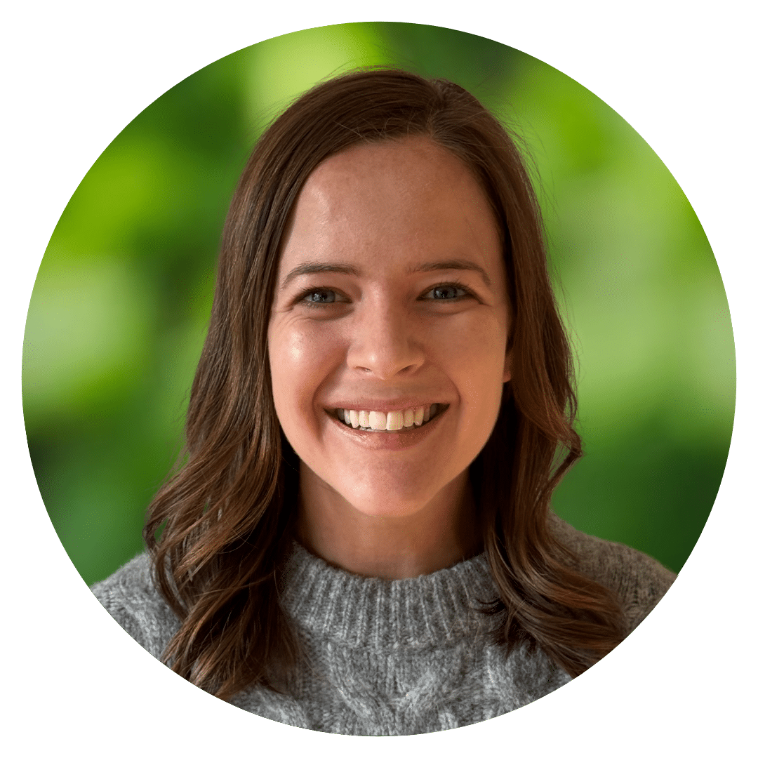 Circle cutout of Taylor C.'s professional headshot, with a background of leaves