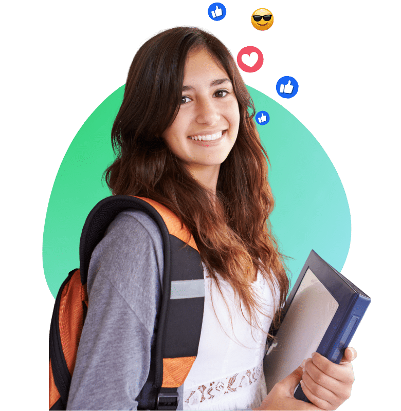 Smiling brunette high school girl holding a blue binder over green background and emojis