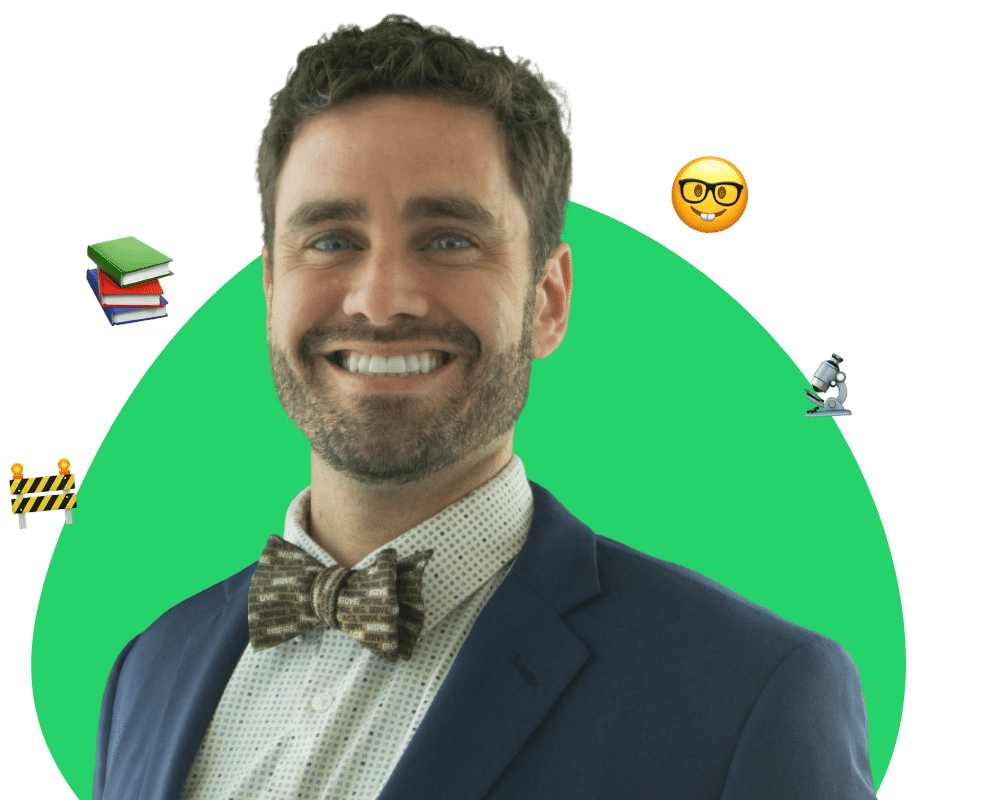 Circle cutout of James Crawley behind a green background and emojis of a nerd, construction gate, microscope, and stacked books.