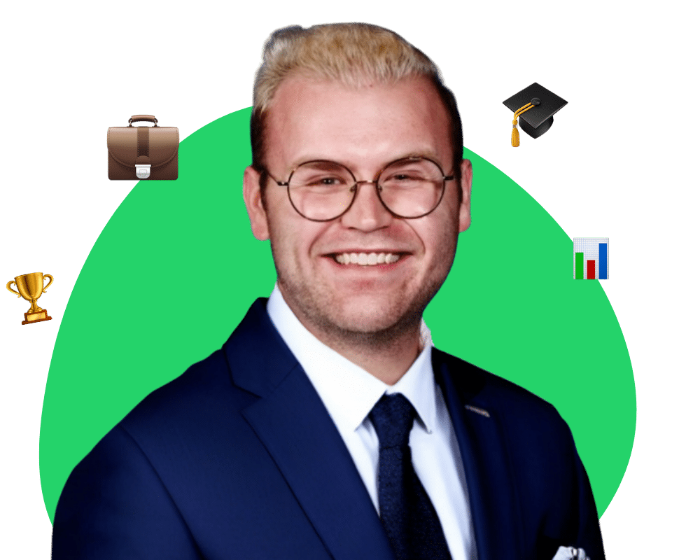 Photo of Business webinar host Peter surrounded by briefcase emoji, trophy emoji, graduation cap emoji, and a bar graph emoji