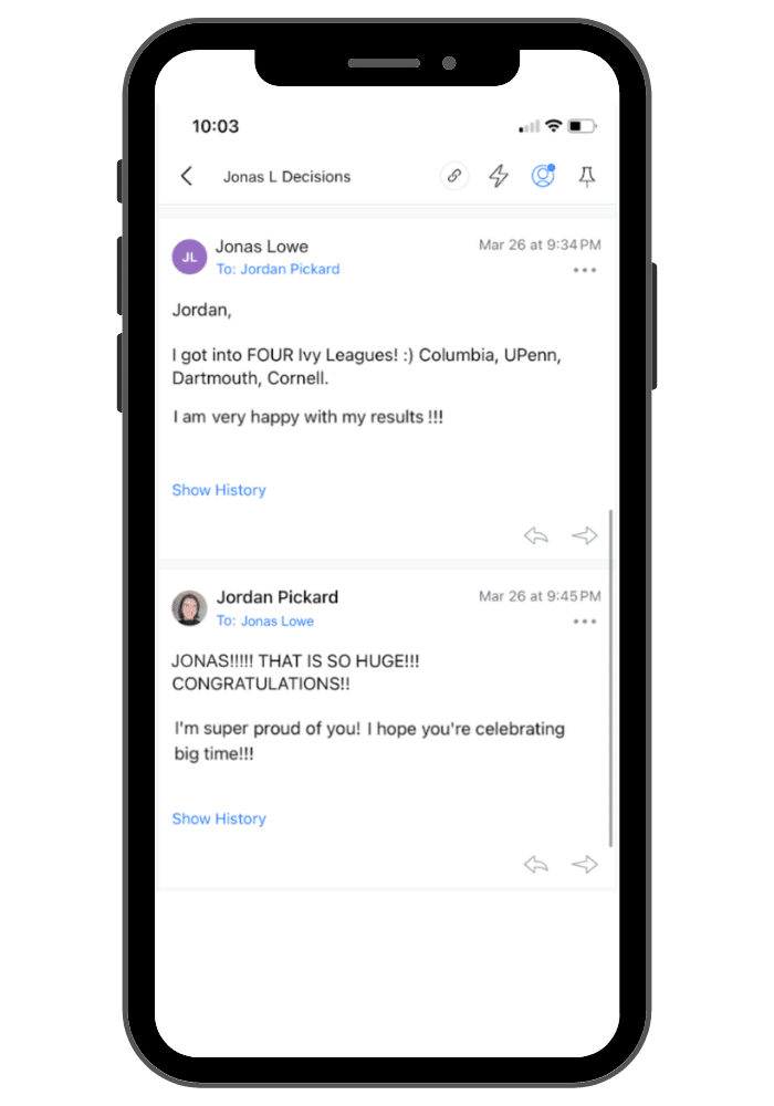 Text from a Prepory student to their coach celebrating that they got into four Ivy League schools on Ivy League Day 2026: Columbia, UPenn, Dartmouth, and Cornell