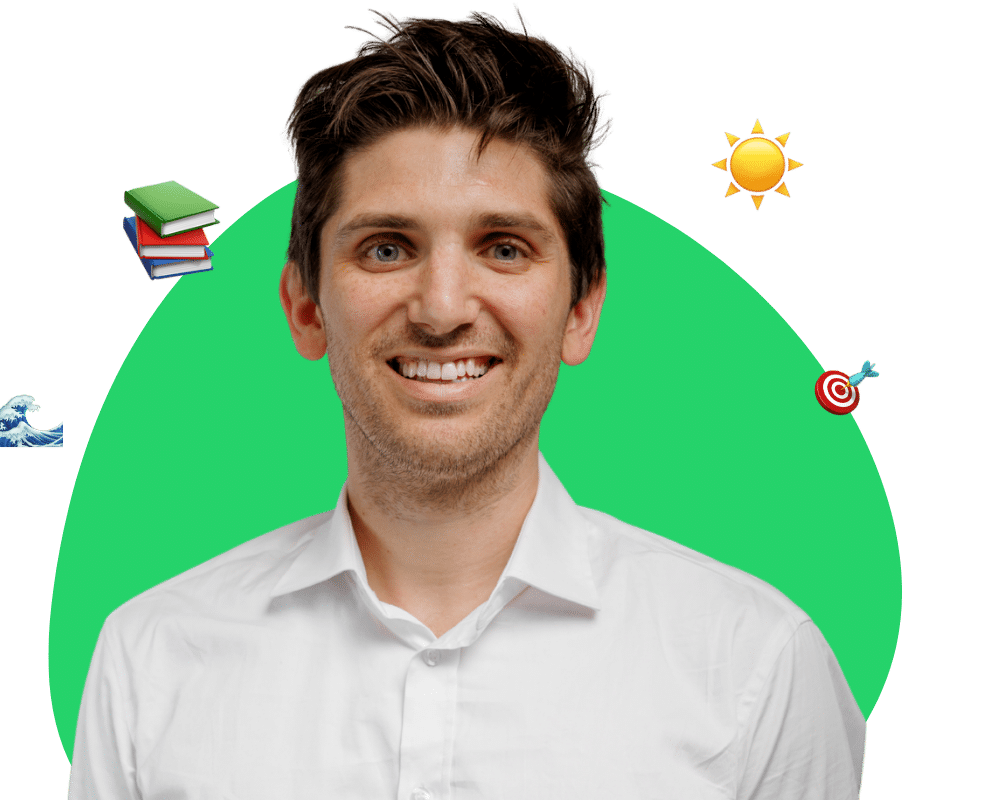 Photo of UC Application Strategy host Sam Luby next to emojis of the sun, an ocean wave, stacked books, and a bullseye