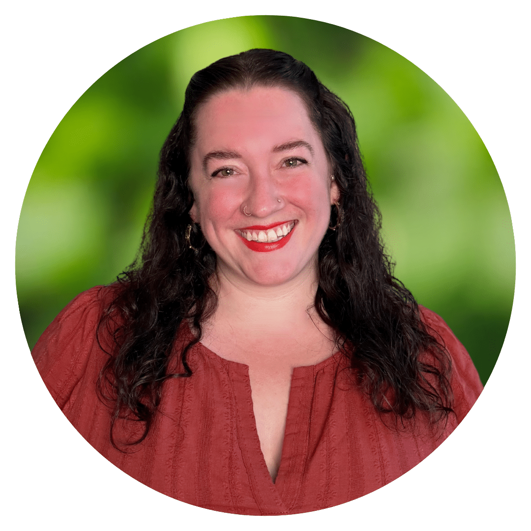 Circle cutout of Taylor P.'s professional headshot, with a background of leaves