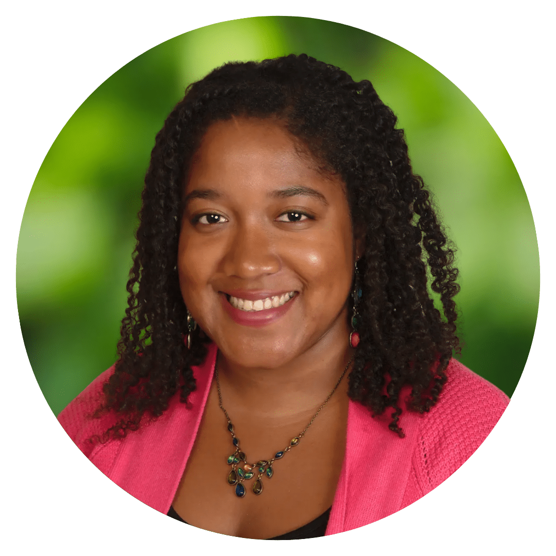Circle cutout of Vannessa V.'s professional headshot, with a background of leaves